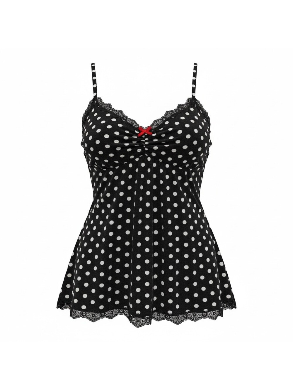Soma Babydoll Tank Top Black and White Polka Dot Lace Trim Cami Coquette Pin Up
